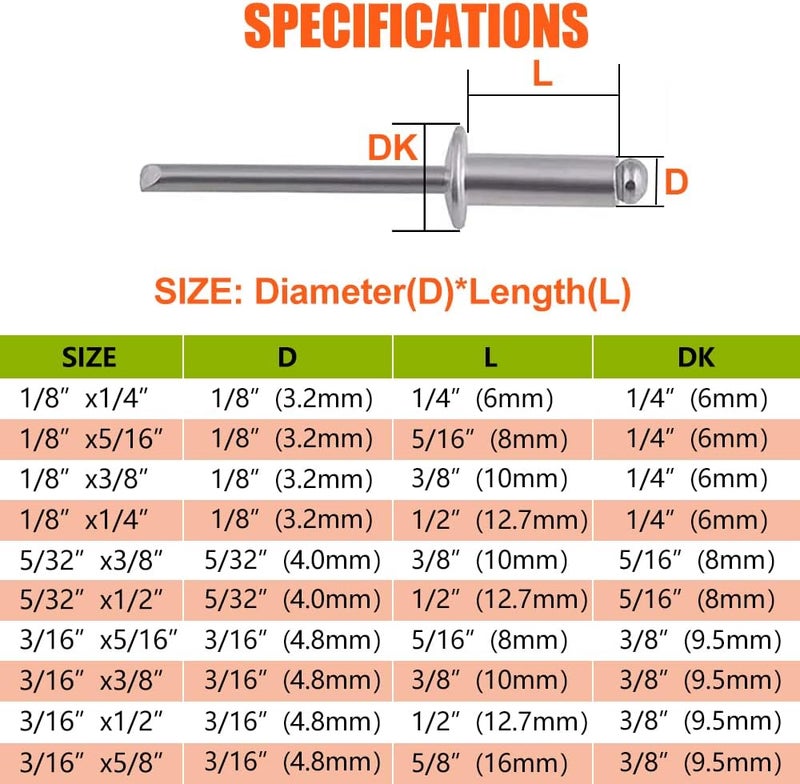 Botten 100 pcs 1/8"x 1/2" Stainless Steel Blind Pop Rivets,3.2 x 13mm Open End Type Pop Rivet Grip Range 1/8-1/2 inch - Image 4